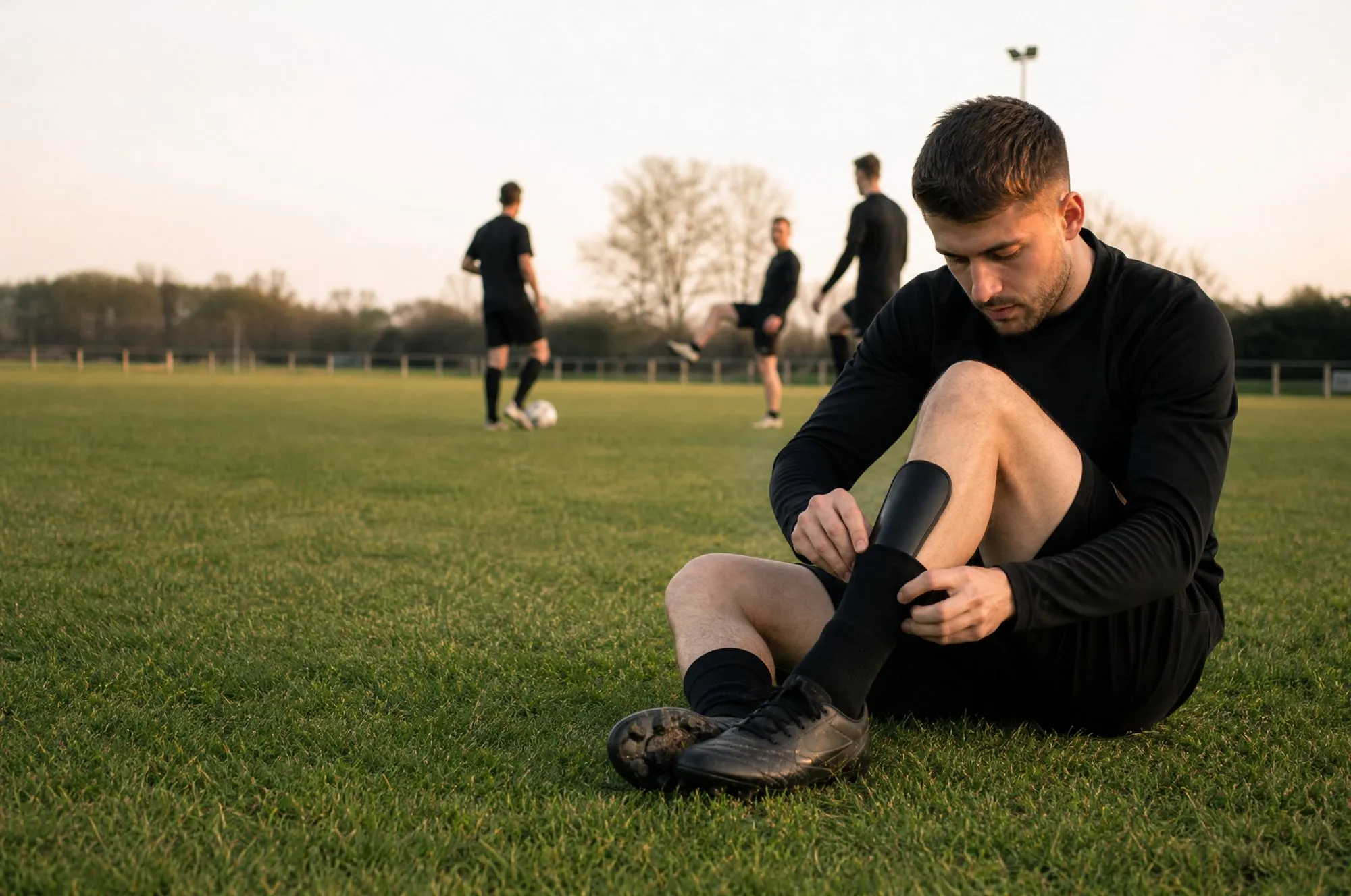 Voetballer trekt zijn sok over zijn scheenbeschermer op het veld